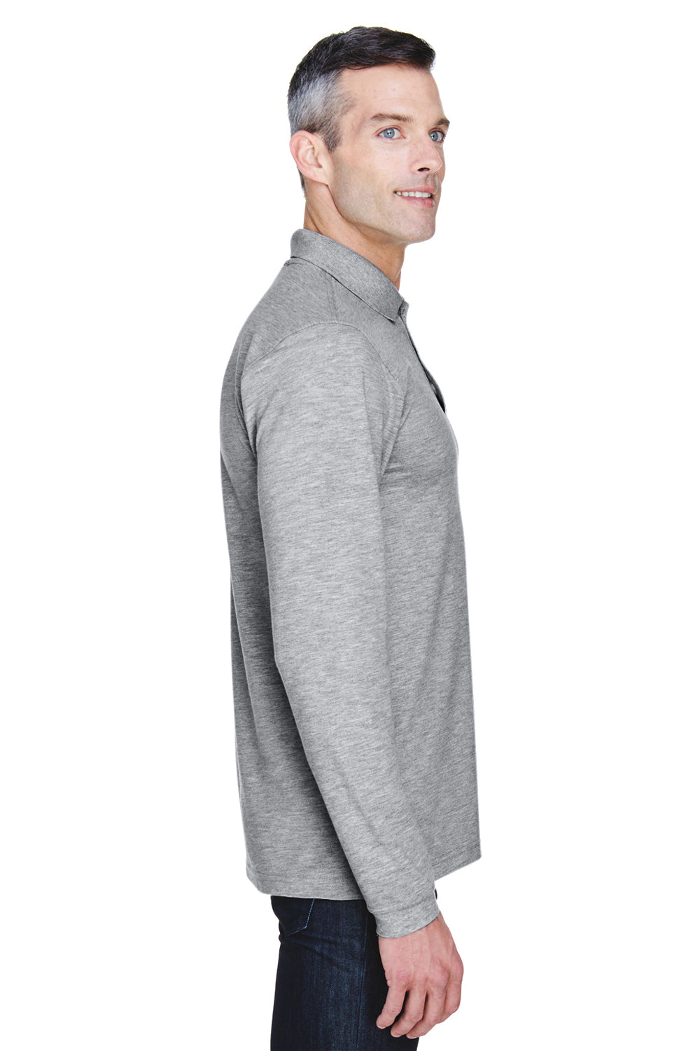 Harriton M265L Mens Easy Blend Wrinkle Resistant Long Sleeve Polo Shirt Heather Grey Model Side