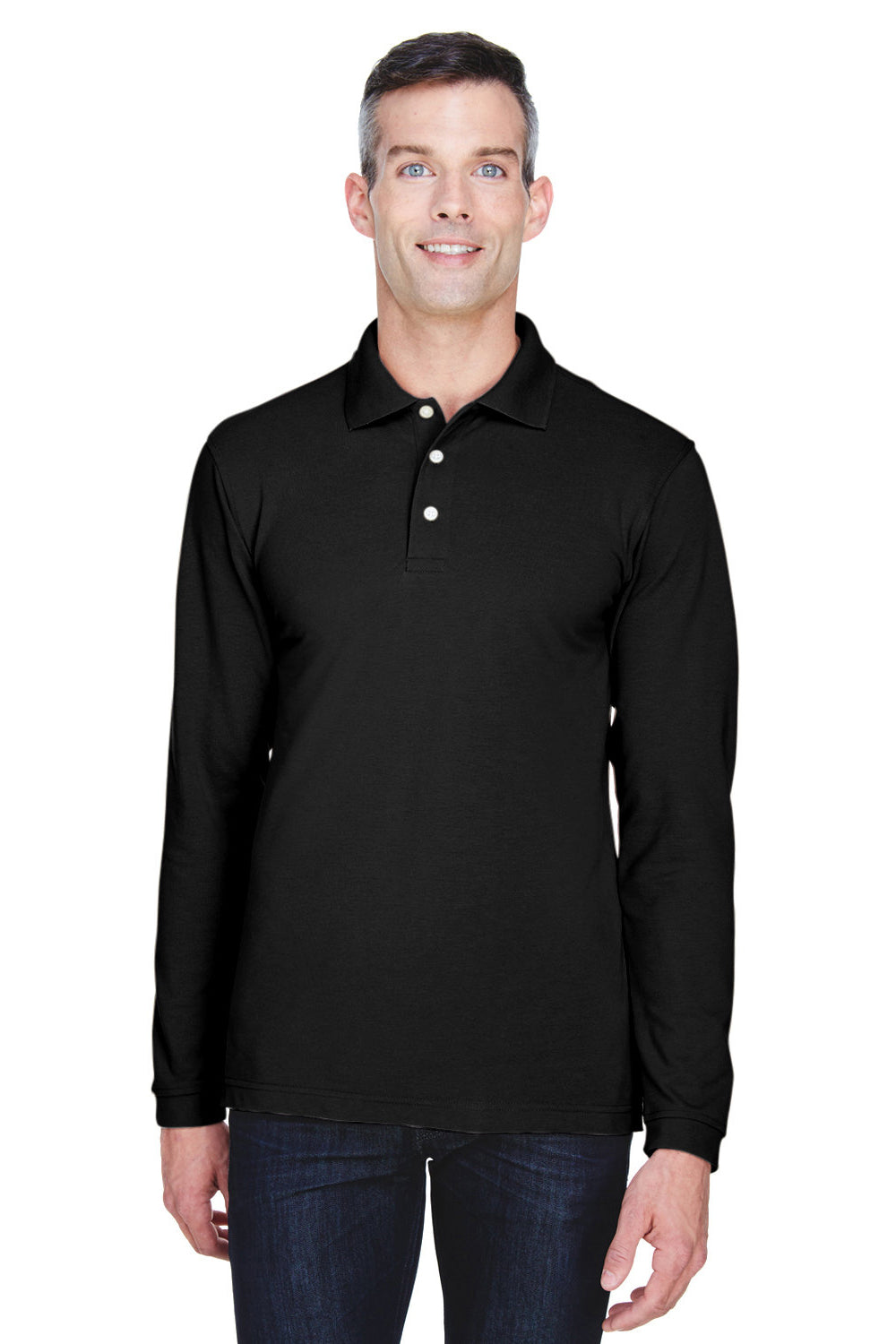 Harriton M265L Mens Easy Blend Wrinkle Resistant Long Sleeve Polo Shirt Black Model Front