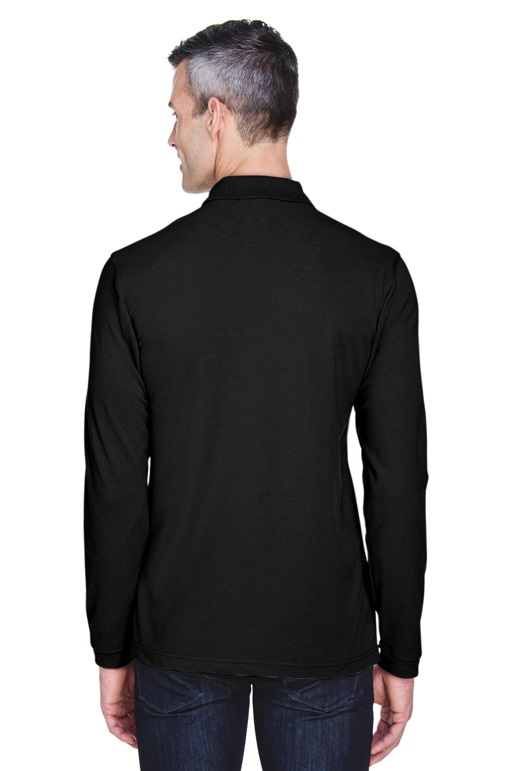 Harriton M265L Mens Easy Blend Wrinkle Resistant Long Sleeve Polo Shirt Black Model Back