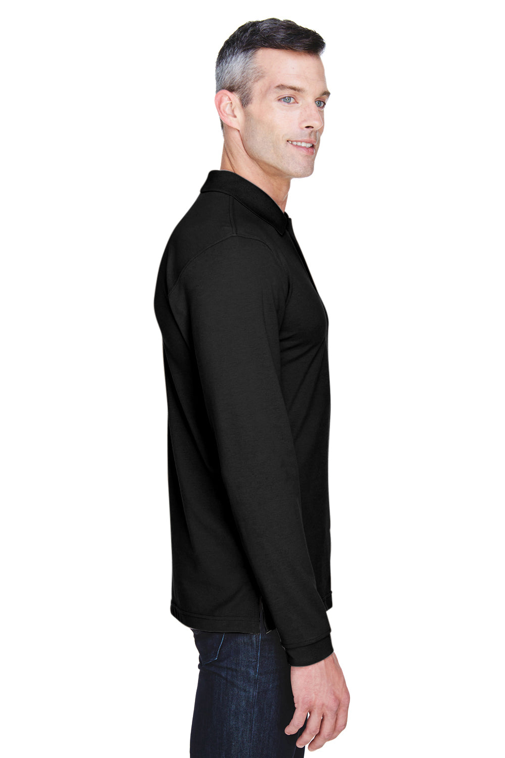 Harriton M265L Mens Easy Blend Wrinkle Resistant Long Sleeve Polo Shirt Black Model Side