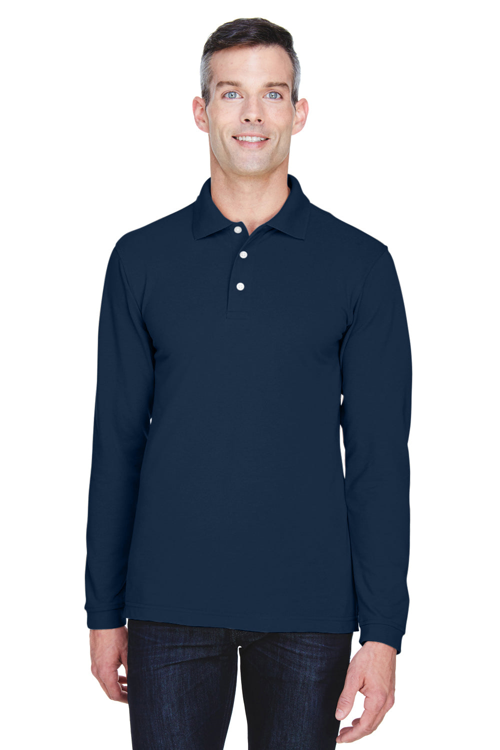 Harriton M265L Mens Easy Blend Wrinkle Resistant Long Sleeve Polo Shirt Navy Blue Model Front