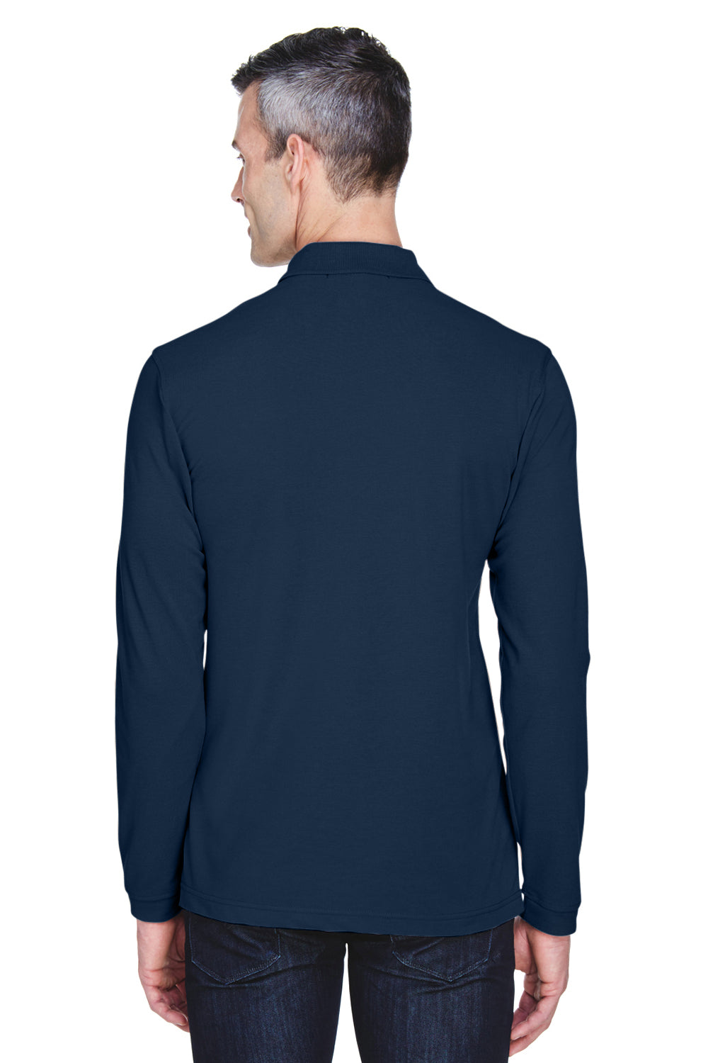 Harriton M265L Mens Easy Blend Wrinkle Resistant Long Sleeve Polo Shirt Navy Blue Model Back