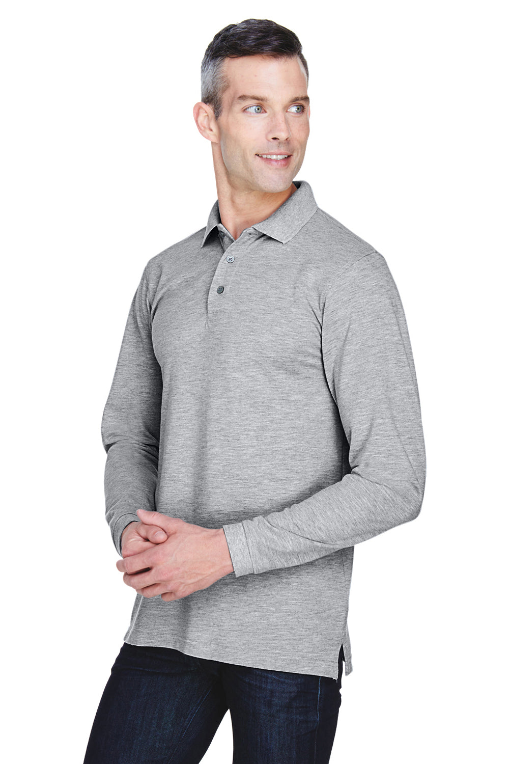 Harriton M265L Mens Easy Blend Wrinkle Resistant Long Sleeve Polo Shirt Heather Grey Model 3q