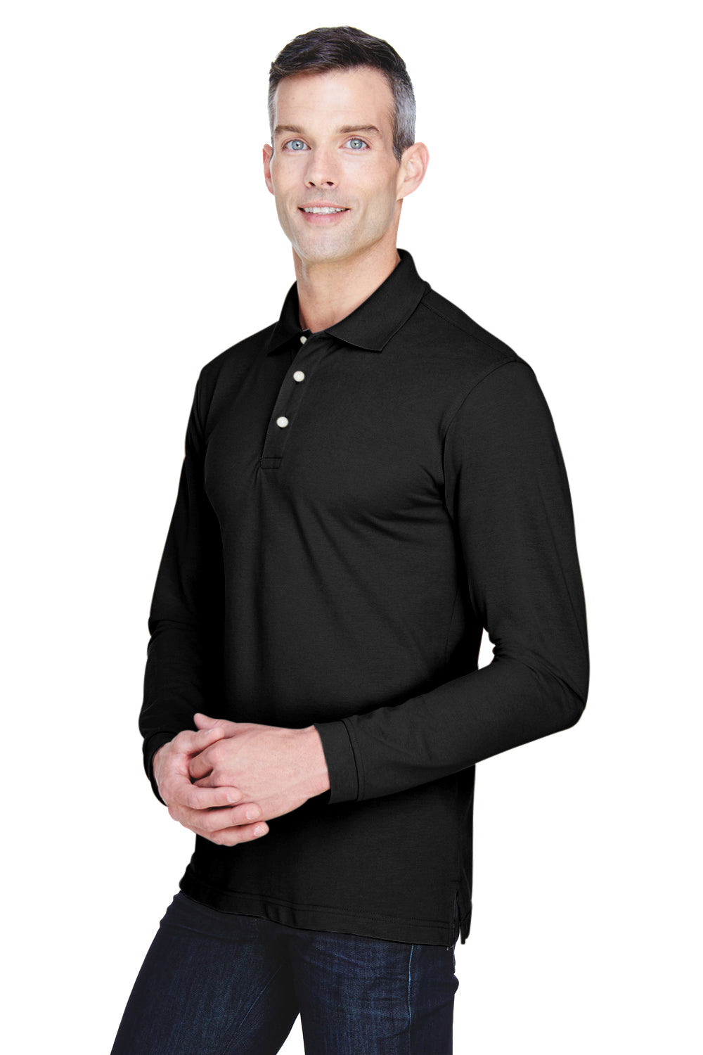 Harriton M265L Mens Easy Blend Wrinkle Resistant Long Sleeve Polo Shirt Black Model 3q