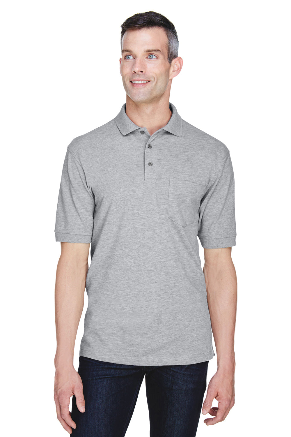 Harriton M265P Mens Easy Blend Wrinkle Resistant Short Sleeve Polo Shirt w/ Pocket Heather Grey Model Front