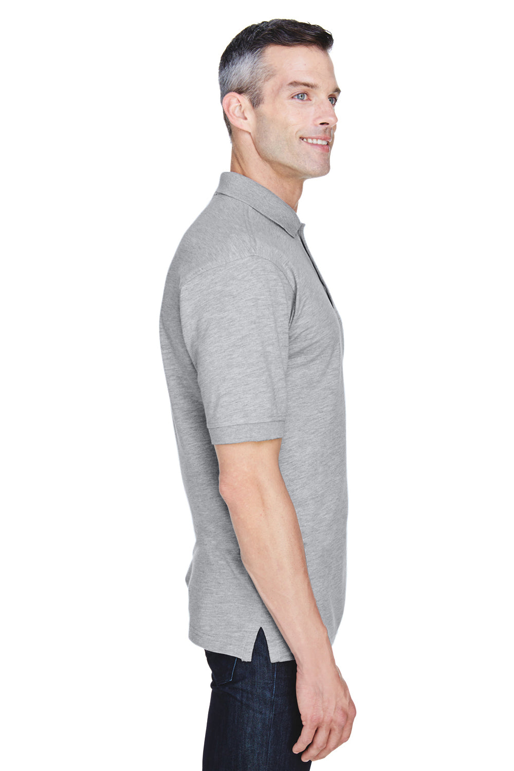 Harriton M265P Mens Easy Blend Wrinkle Resistant Short Sleeve Polo Shirt w/ Pocket Heather Grey Model Side