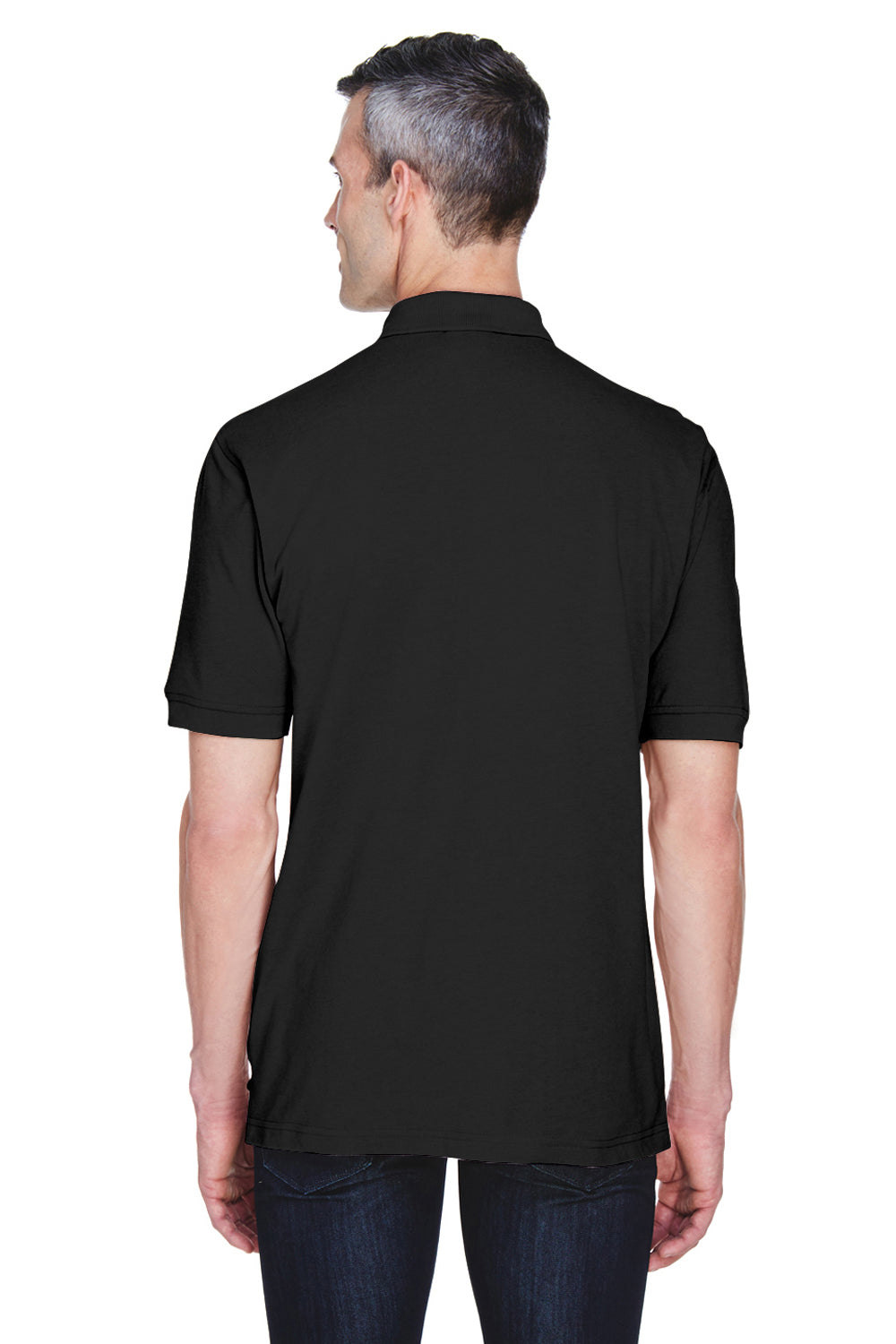 Harriton M265P Mens Easy Blend Wrinkle Resistant Short Sleeve Polo Shirt w/ Pocket Black Model Back