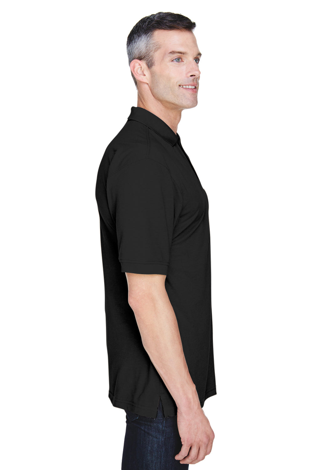 Harriton M265P Mens Easy Blend Wrinkle Resistant Short Sleeve Polo Shirt w/ Pocket Black Model Side