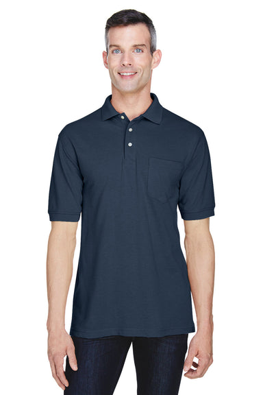 Harriton M265P Mens Easy Blend Wrinkle Resistant Short Sleeve Polo Shirt w/ Pocket Navy Blue Model Front