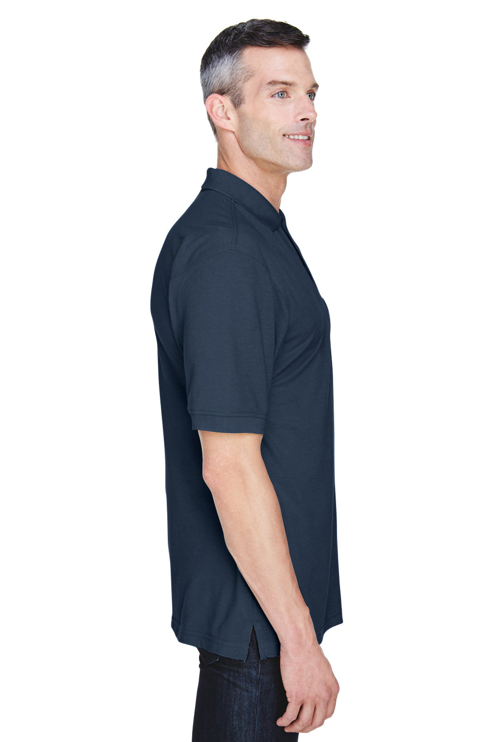 Harriton M265P Mens Easy Blend Wrinkle Resistant Short Sleeve Polo Shirt w/ Pocket Navy Blue Model Side