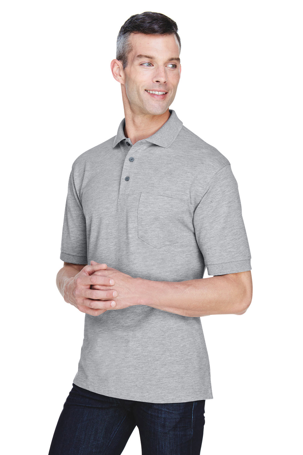 Harriton M265P Mens Easy Blend Wrinkle Resistant Short Sleeve Polo Shirt w/ Pocket Heather Grey Model 3q