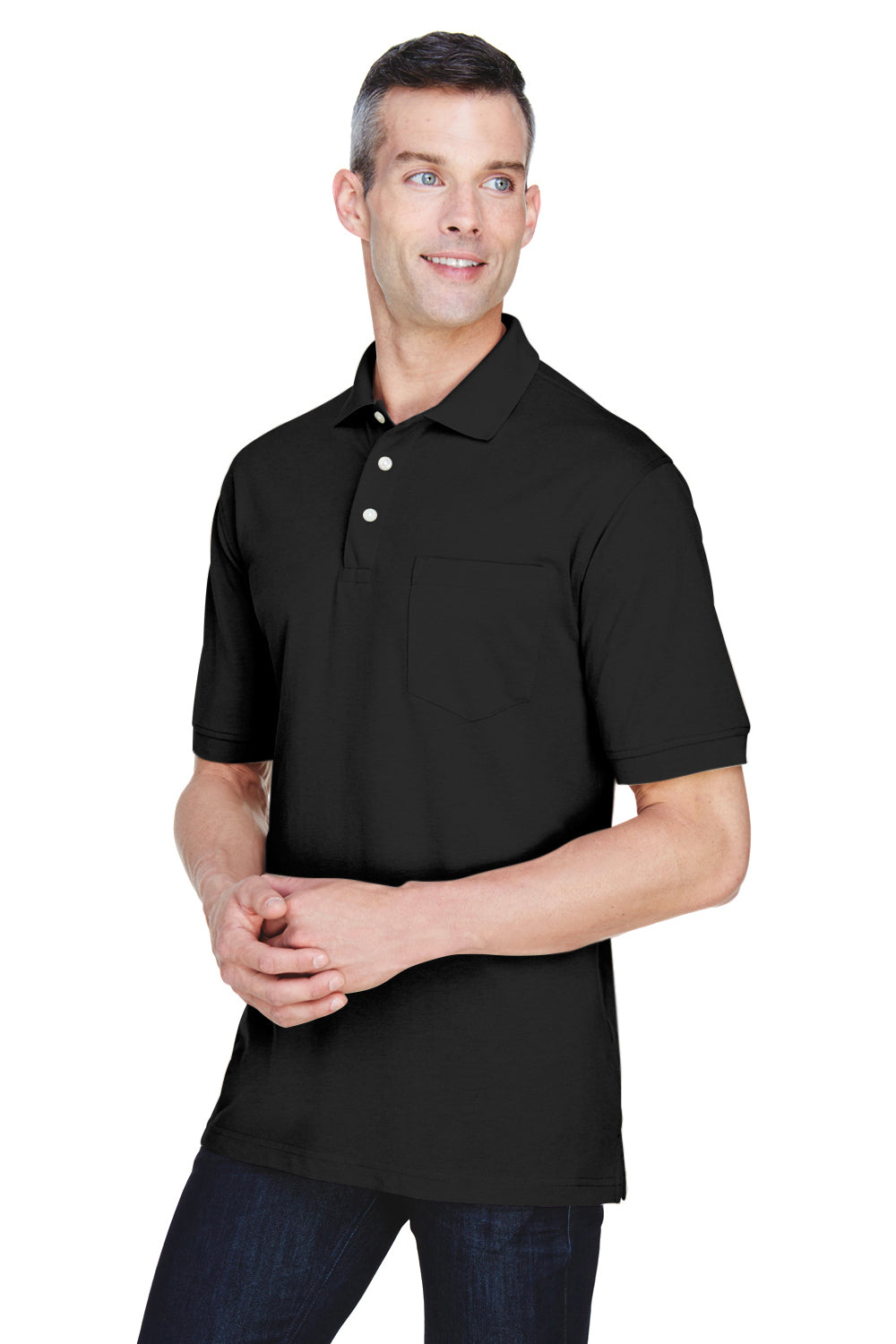 Harriton M265P Mens Easy Blend Wrinkle Resistant Short Sleeve Polo Shirt w/ Pocket Black Model 3q