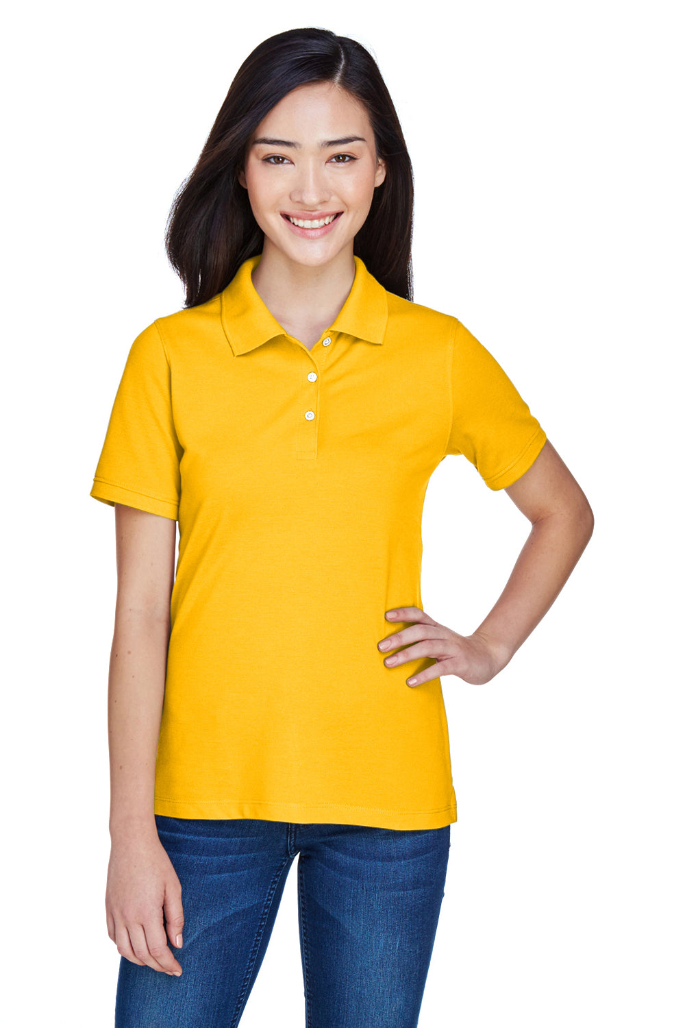 Harriton M265W Womens Easy Blend Wrinkle Resistant Short Sleeve Polo Shirt Sunray Yellow Model Front