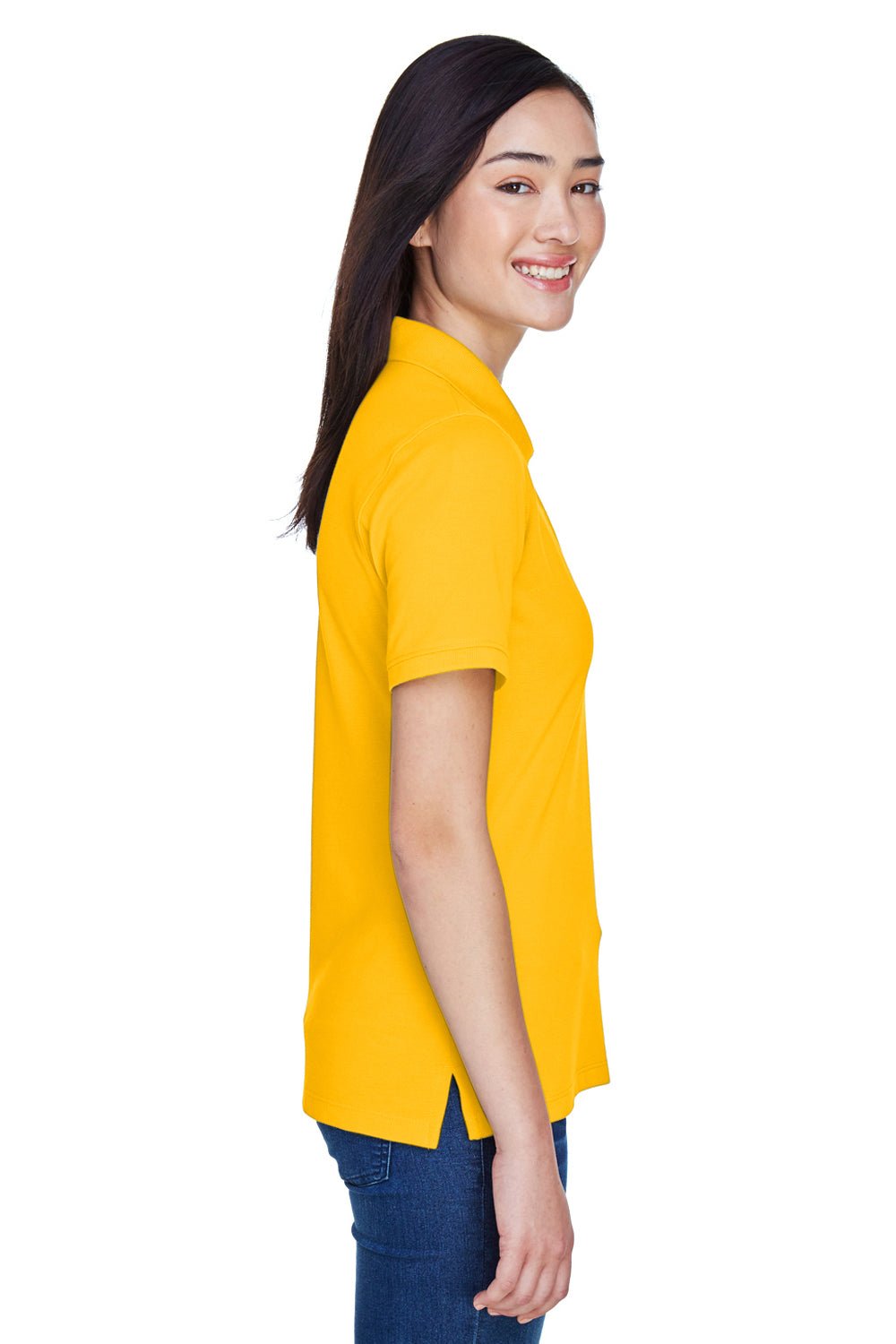 Harriton M265W Womens Easy Blend Wrinkle Resistant Short Sleeve Polo Shirt Sunray Yellow Model Side