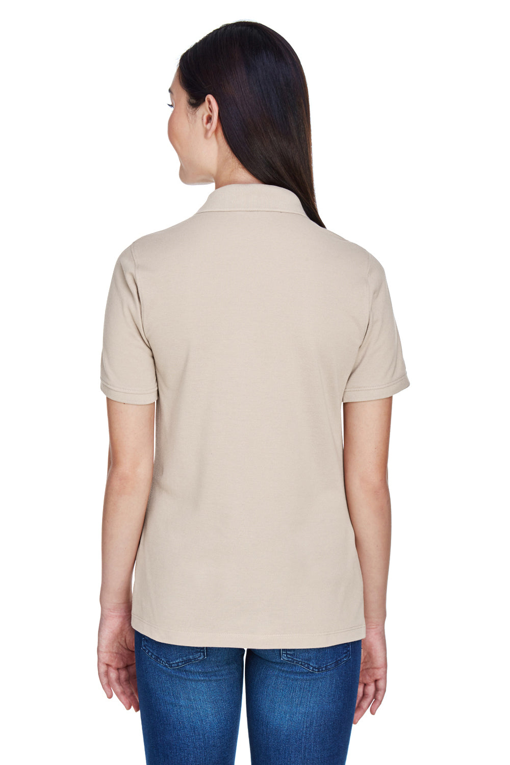 Harriton M265W Womens Easy Blend Wrinkle Resistant Short Sleeve Polo Shirt Stone Model Back