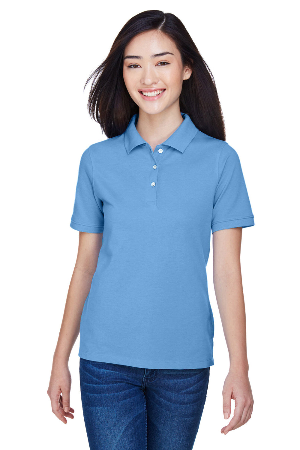 Harriton M265W Womens Easy Blend Wrinkle Resistant Short Sleeve Polo Shirt Light College Blue Model Front