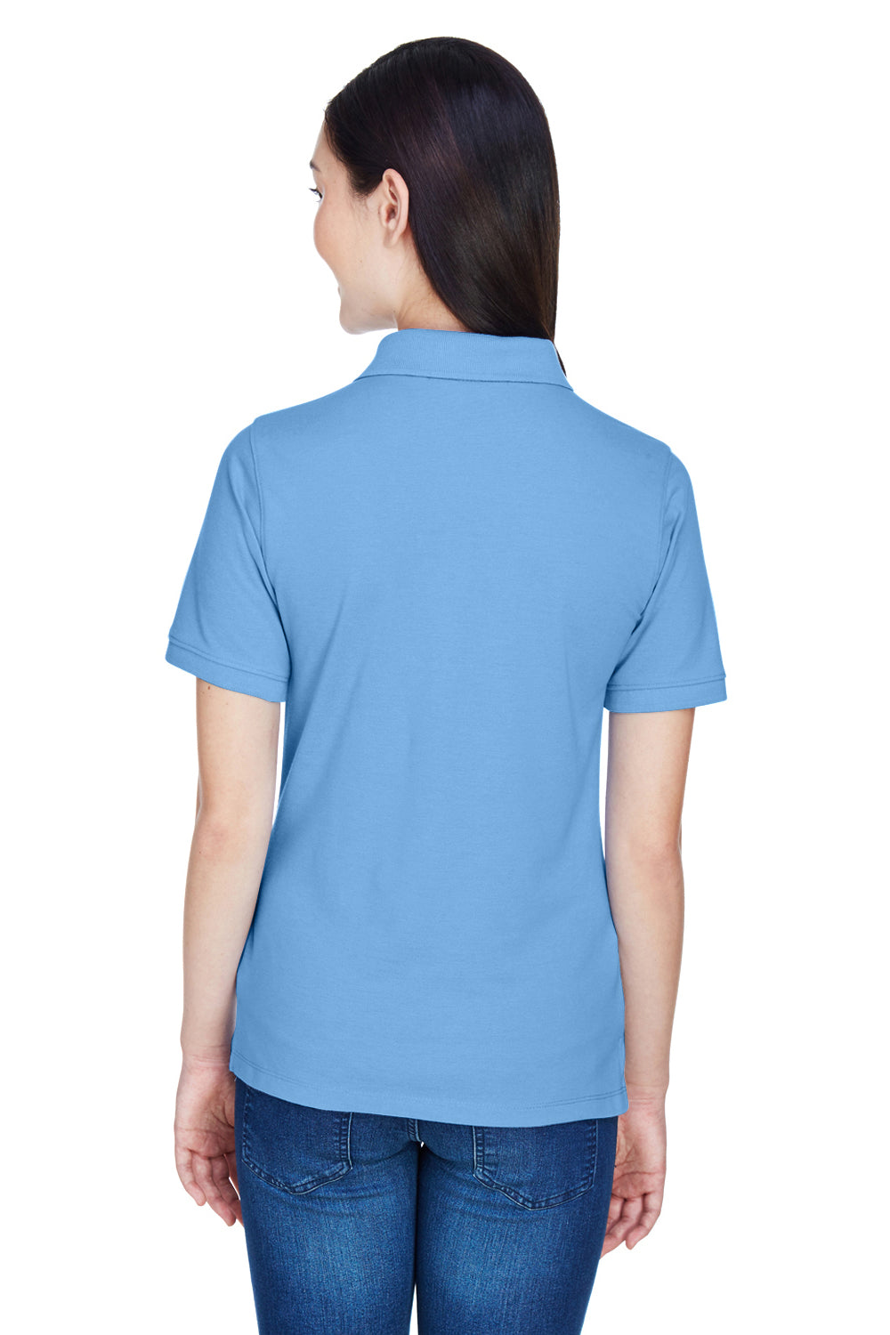 Harriton M265W Womens Easy Blend Wrinkle Resistant Short Sleeve Polo Shirt Light College Blue Model Back