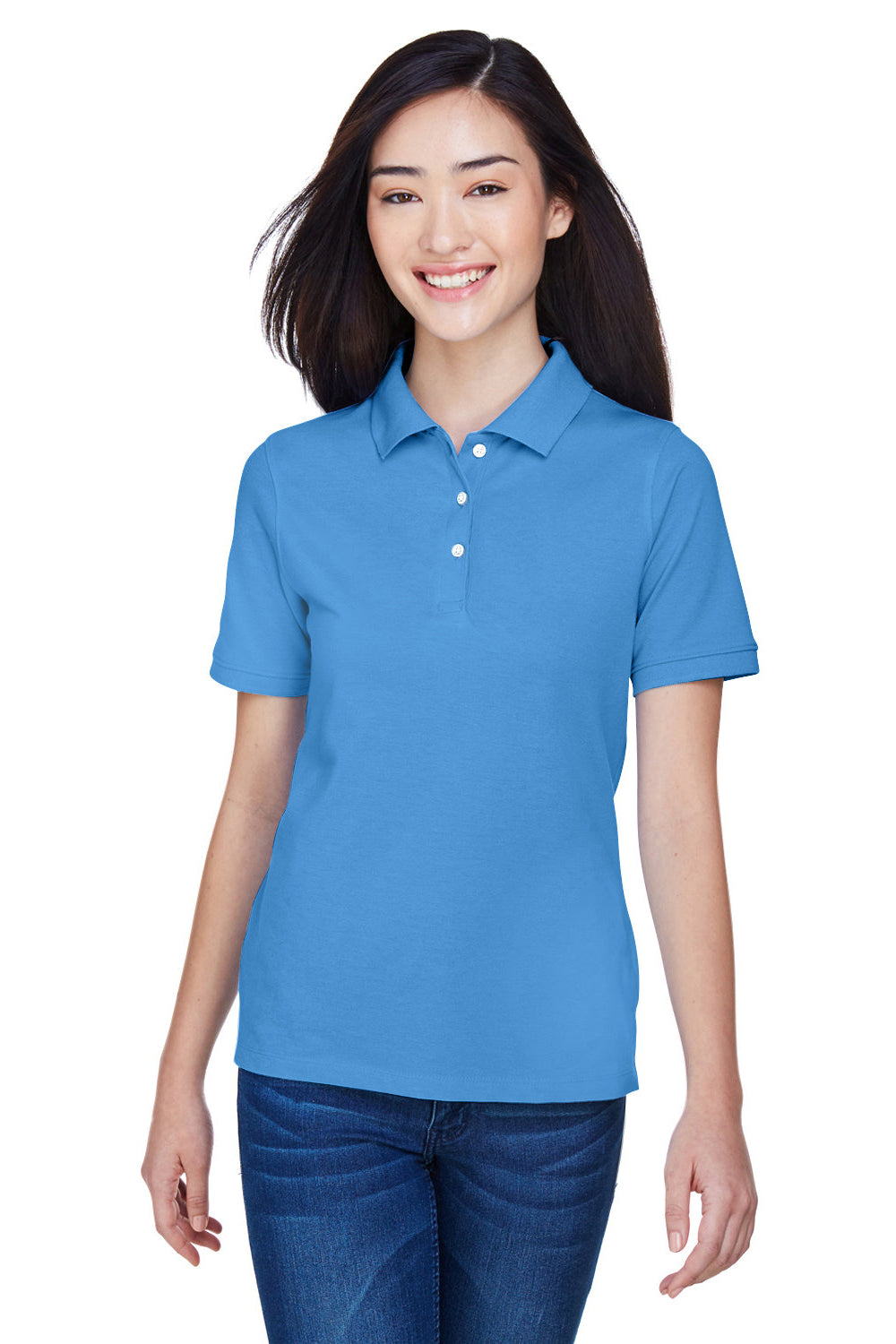 Harriton M265W Womens Easy Blend Wrinkle Resistant Short Sleeve Polo Shirt Nautical Blue Model Front