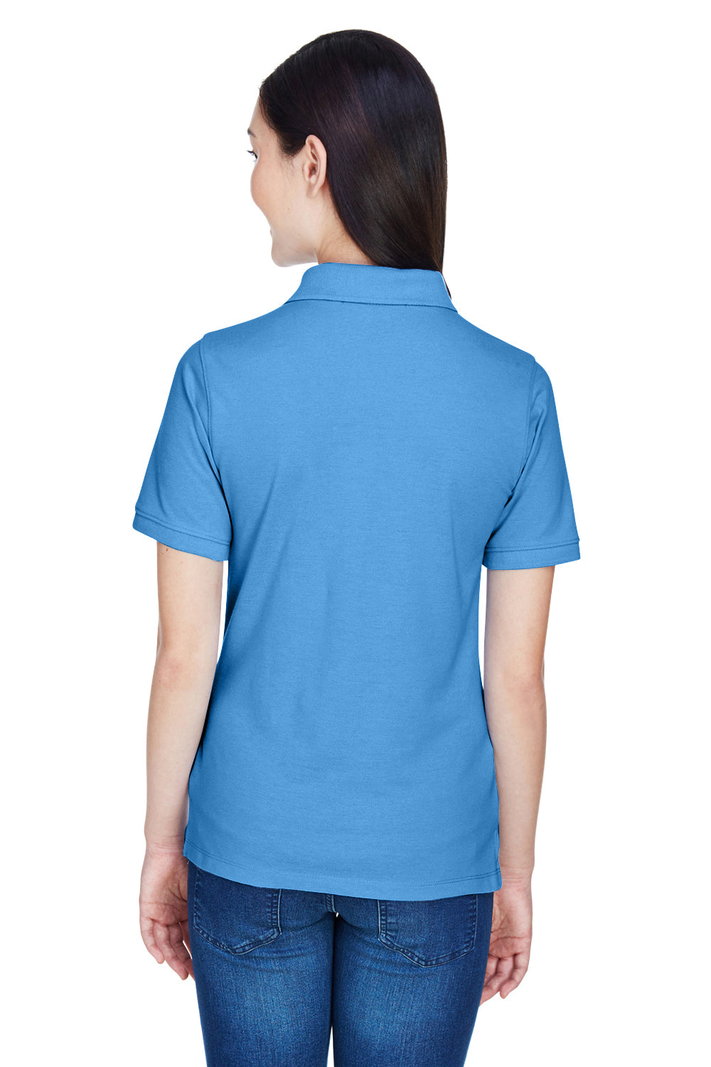 Harriton M265W Womens Easy Blend Wrinkle Resistant Short Sleeve Polo Shirt Nautical Blue Model Back