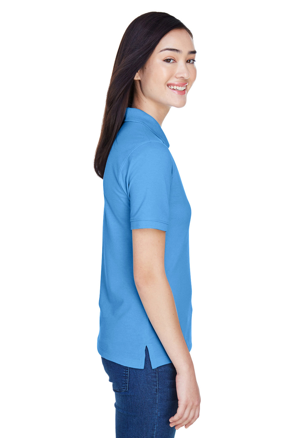 Harriton M265W Womens Easy Blend Wrinkle Resistant Short Sleeve Polo Shirt Nautical Blue Model Side