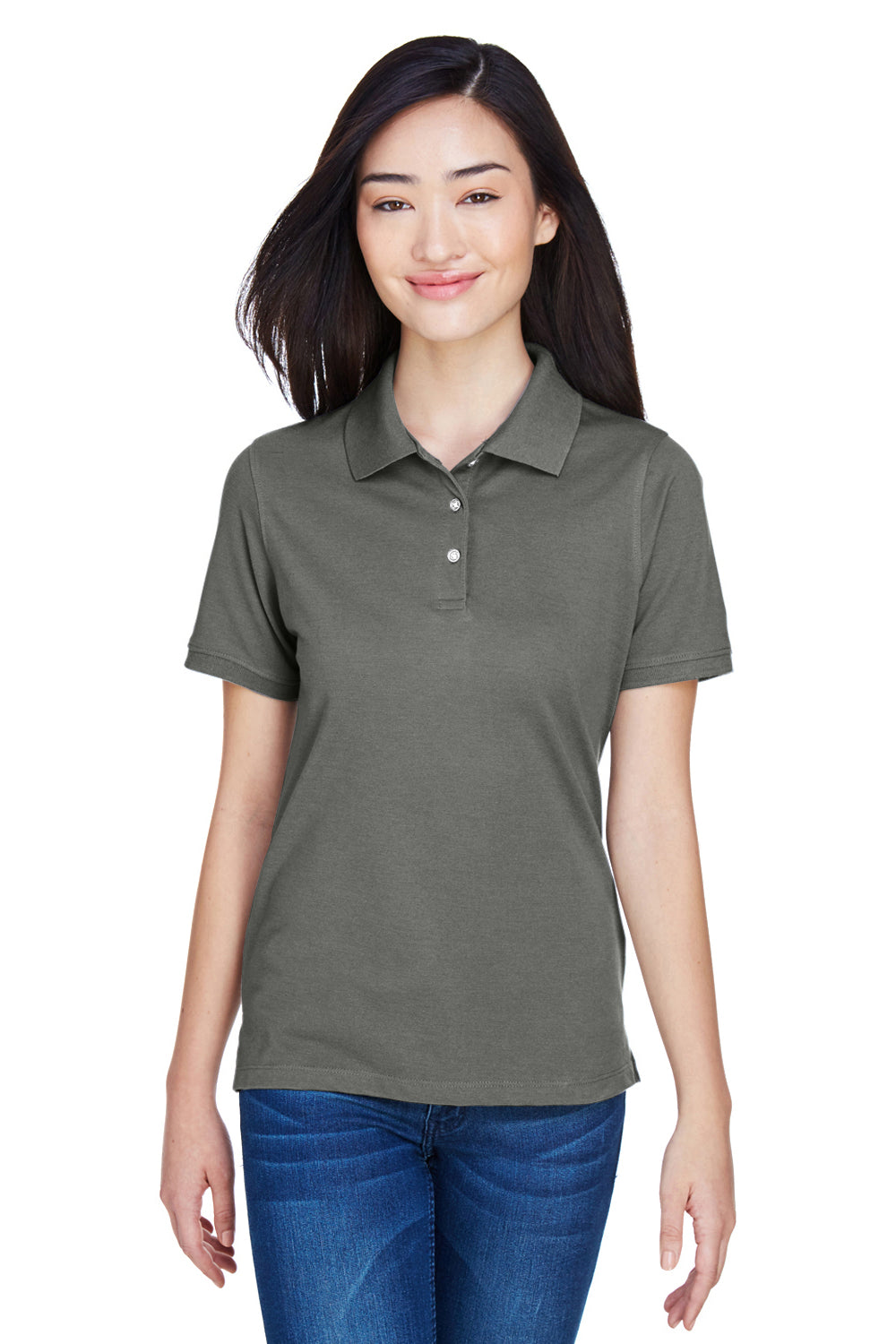 Harriton M265W Womens Easy Blend Wrinkle Resistant Short Sleeve Polo Shirt Charcoal Grey Model Front