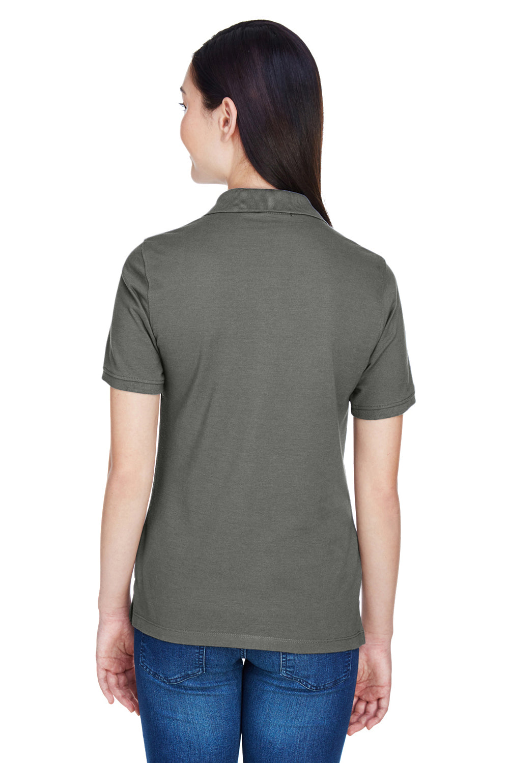 Harriton M265W Womens Easy Blend Wrinkle Resistant Short Sleeve Polo Shirt Charcoal Grey Model Back