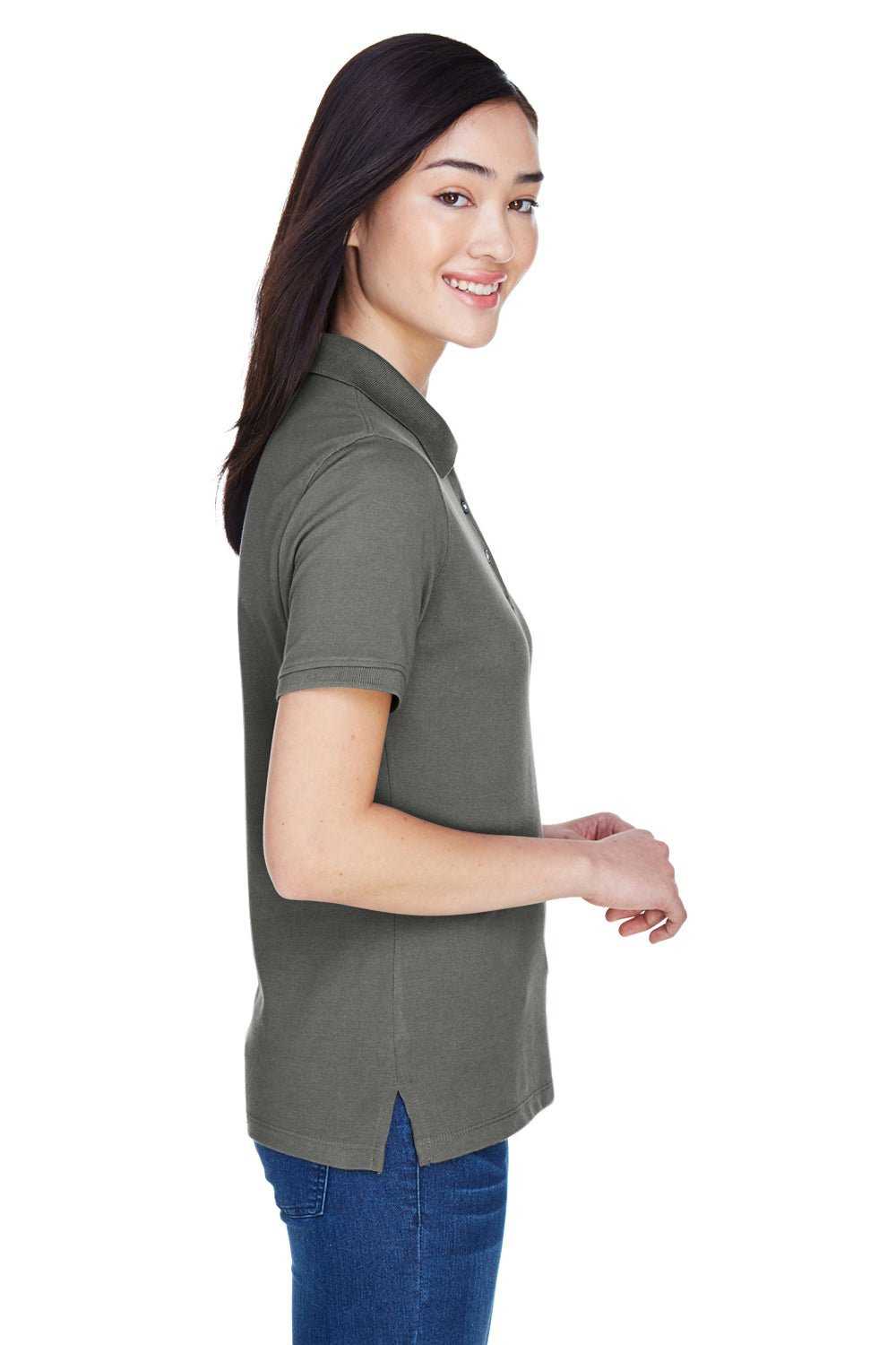 Harriton M265W Womens Easy Blend Wrinkle Resistant Short Sleeve Polo Shirt Charcoal Grey Model Side