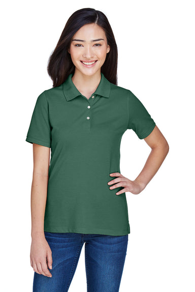 Harriton M265W Womens Easy Blend Wrinkle Resistant Short Sleeve Polo Shirt Hunter Green Model Front