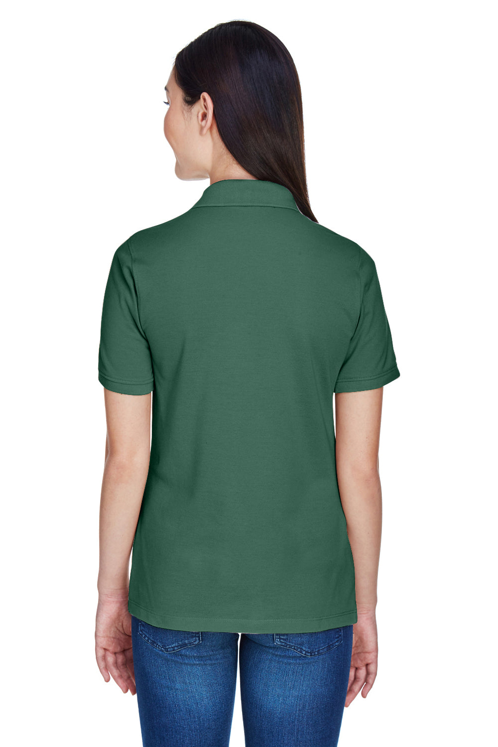 Harriton M265W Womens Easy Blend Wrinkle Resistant Short Sleeve Polo Shirt Hunter Green Model Back