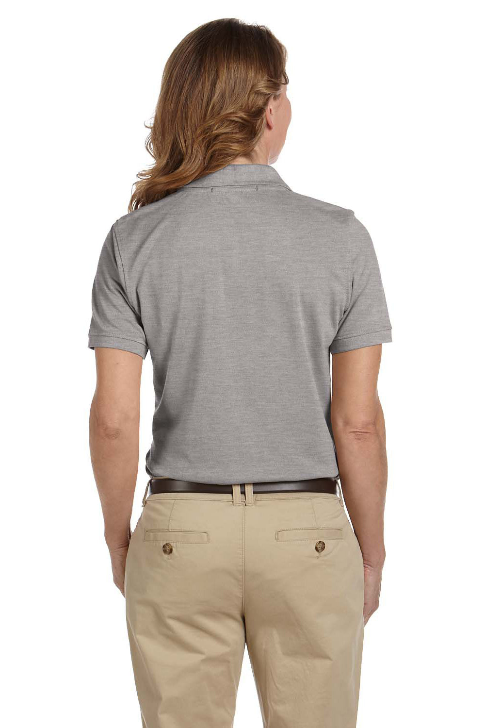 Harriton M265W Womens Easy Blend Wrinkle Resistant Short Sleeve Polo Shirt Heather Grey Model Back