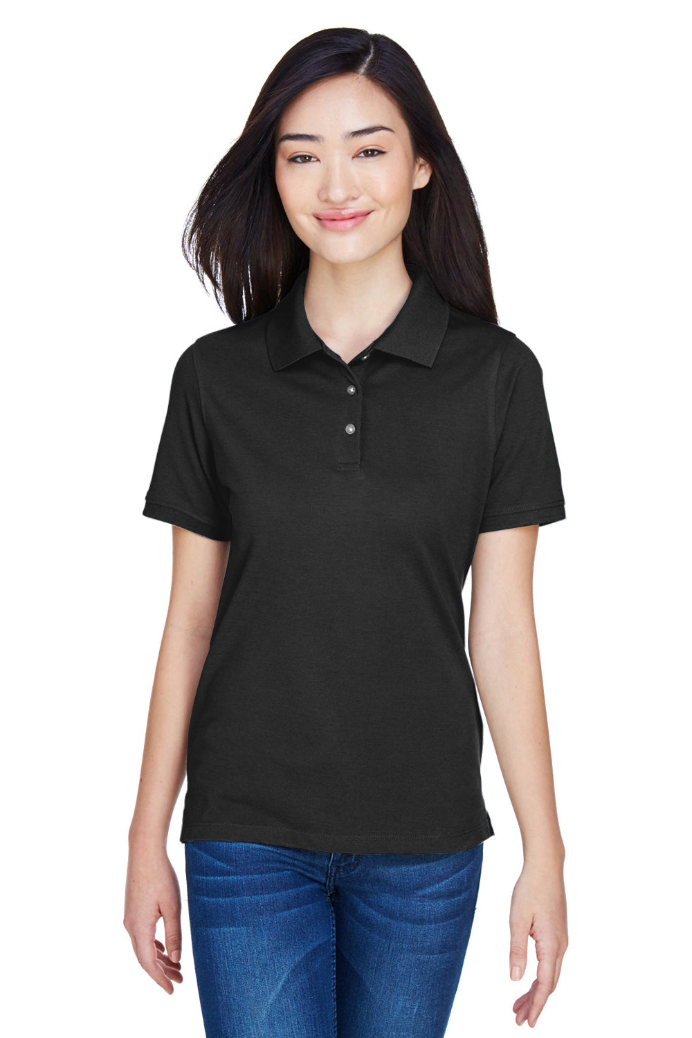 Harriton M265W Womens Easy Blend Wrinkle Resistant Short Sleeve Polo Shirt Black Model Front