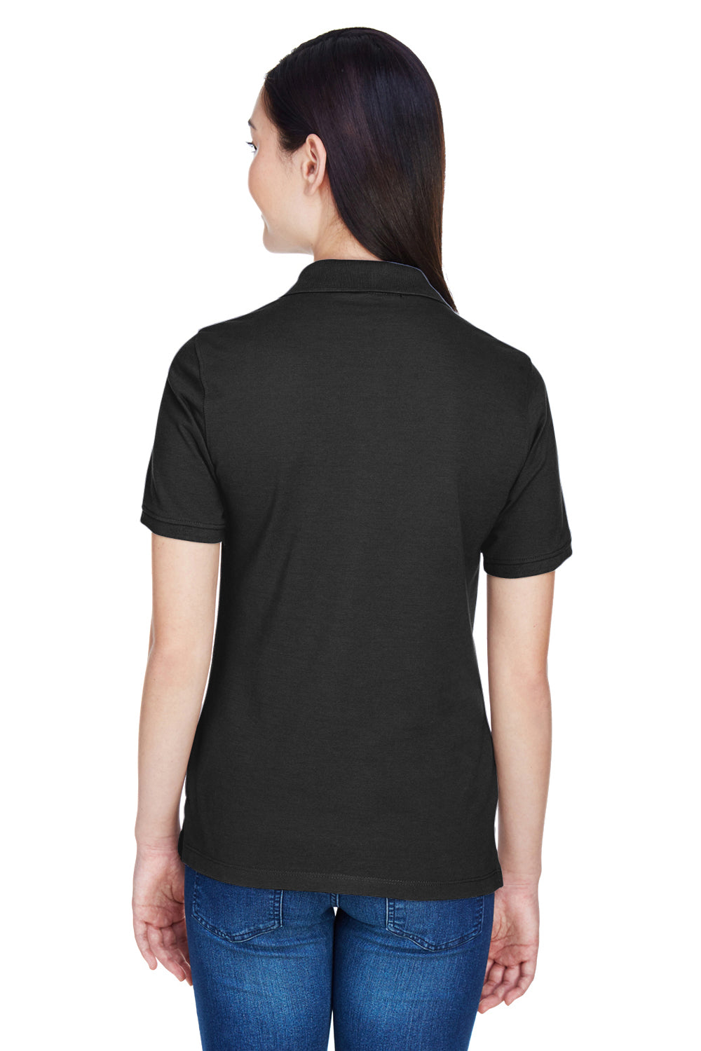 Harriton M265W Womens Easy Blend Wrinkle Resistant Short Sleeve Polo Shirt Black Model Back