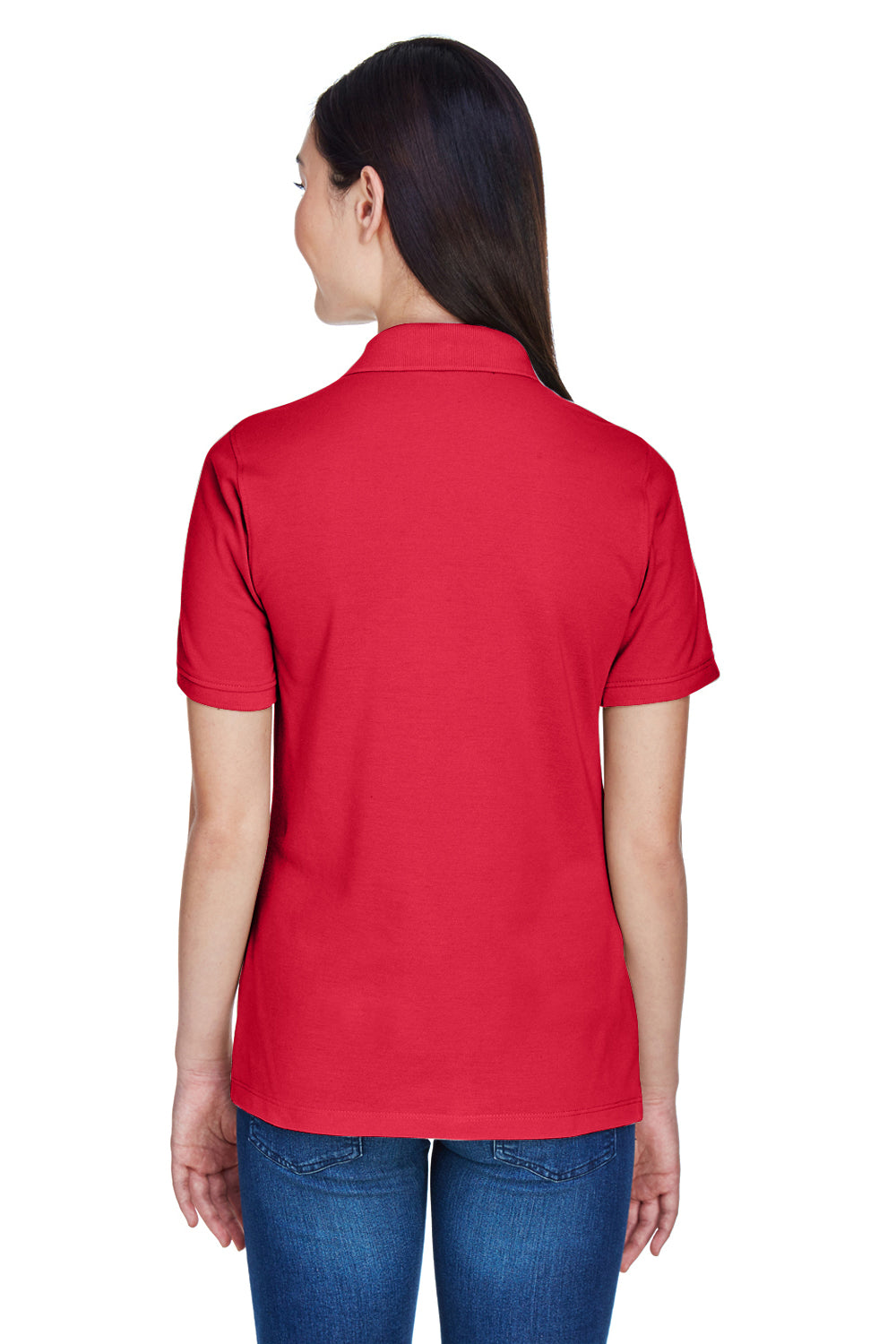 Harriton M265W Womens Easy Blend Wrinkle Resistant Short Sleeve Polo Shirt Red Model Back