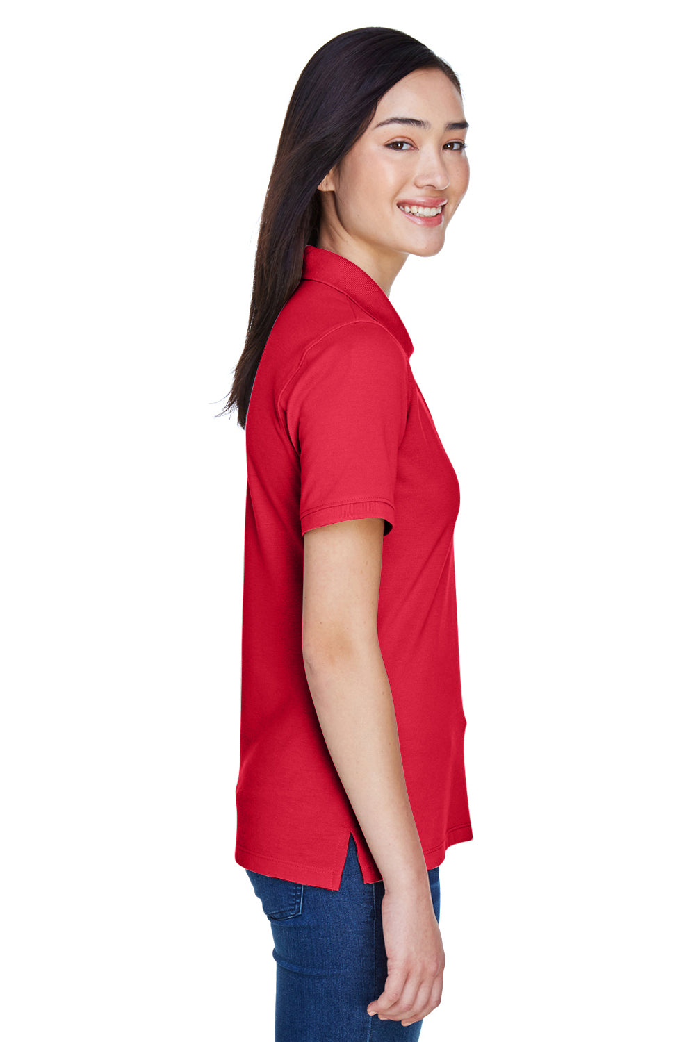 Harriton M265W Womens Easy Blend Wrinkle Resistant Short Sleeve Polo Shirt Red Model Side