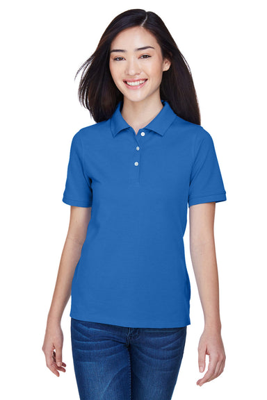 Harriton M265W Womens Easy Blend Wrinkle Resistant Short Sleeve Polo Shirt True Royal Blue Model Front