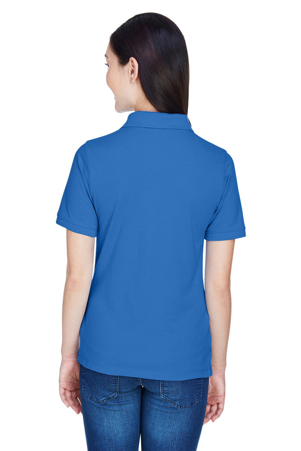 Harriton M265W Womens Easy Blend Wrinkle Resistant Short Sleeve Polo Shirt True Royal Blue Model Back