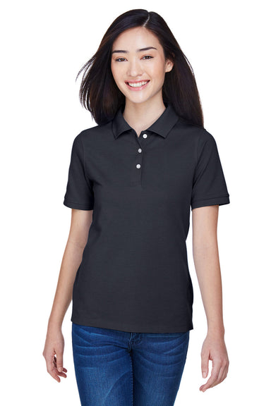 Harriton M265W Womens Easy Blend Wrinkle Resistant Short Sleeve Polo Shirt Navy Blue Model Front