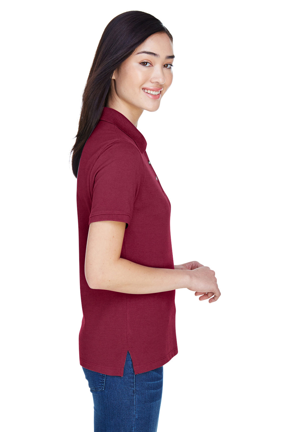 Harriton M265W Womens Easy Blend Wrinkle Resistant Short Sleeve Polo Shirt Wine Model Side