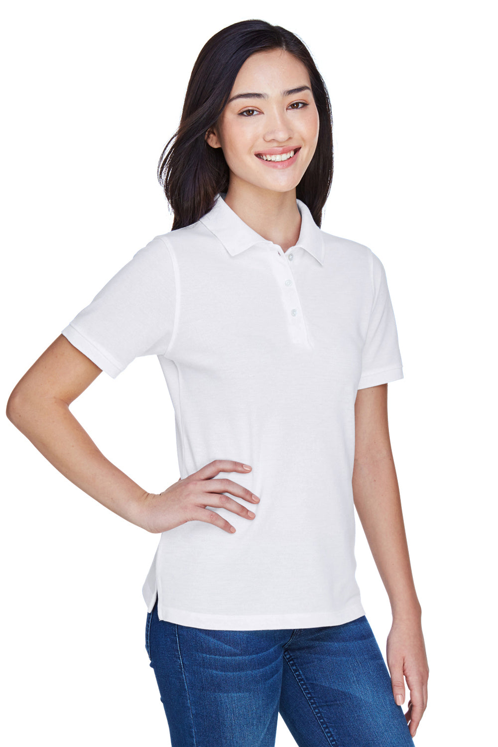 Harriton M265W Womens Easy Blend Wrinkle Resistant Short Sleeve Polo Shirt White Model 3q