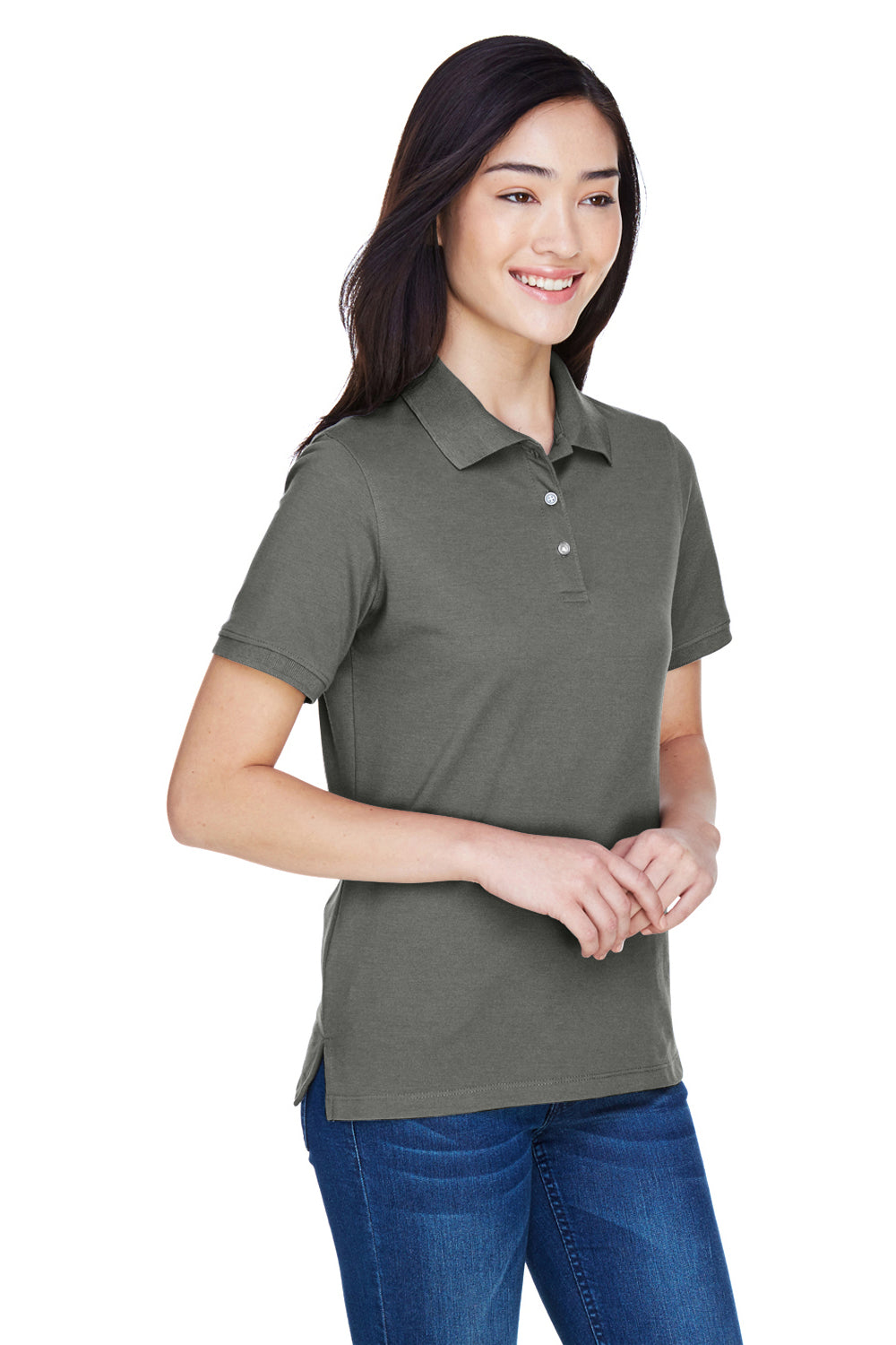 Harriton M265W Womens Easy Blend Wrinkle Resistant Short Sleeve Polo Shirt Charcoal Grey Model 3q