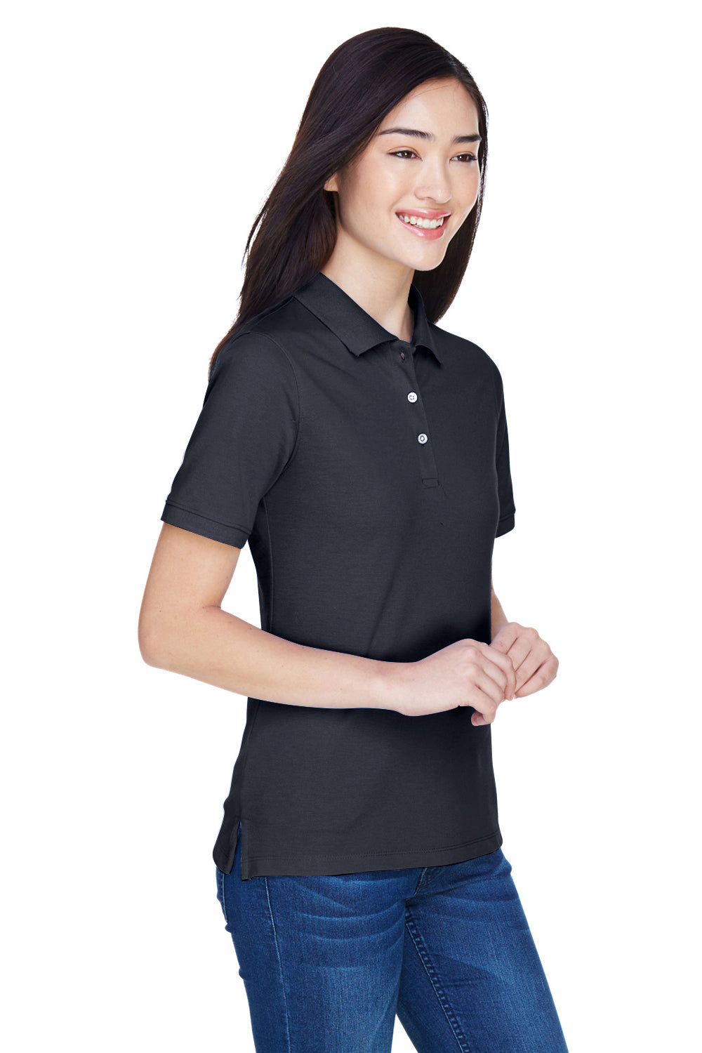 Harriton M265W Womens Easy Blend Wrinkle Resistant Short Sleeve Polo Shirt Navy Blue Model 3q