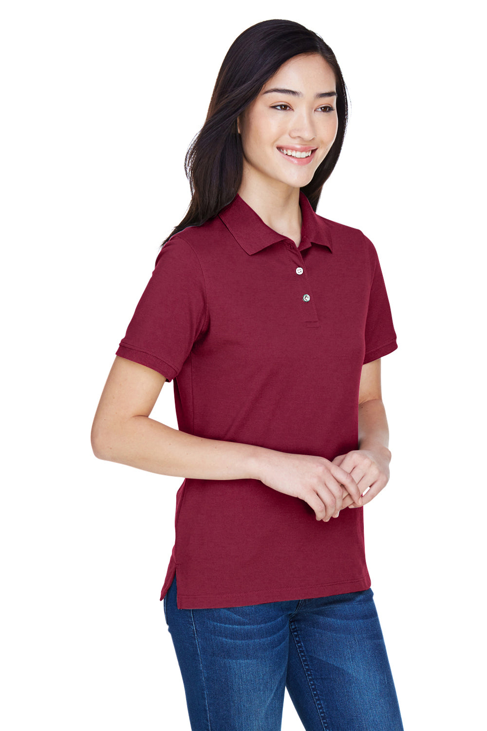 Harriton M265W Womens Easy Blend Wrinkle Resistant Short Sleeve Polo Shirt Wine Model 3q