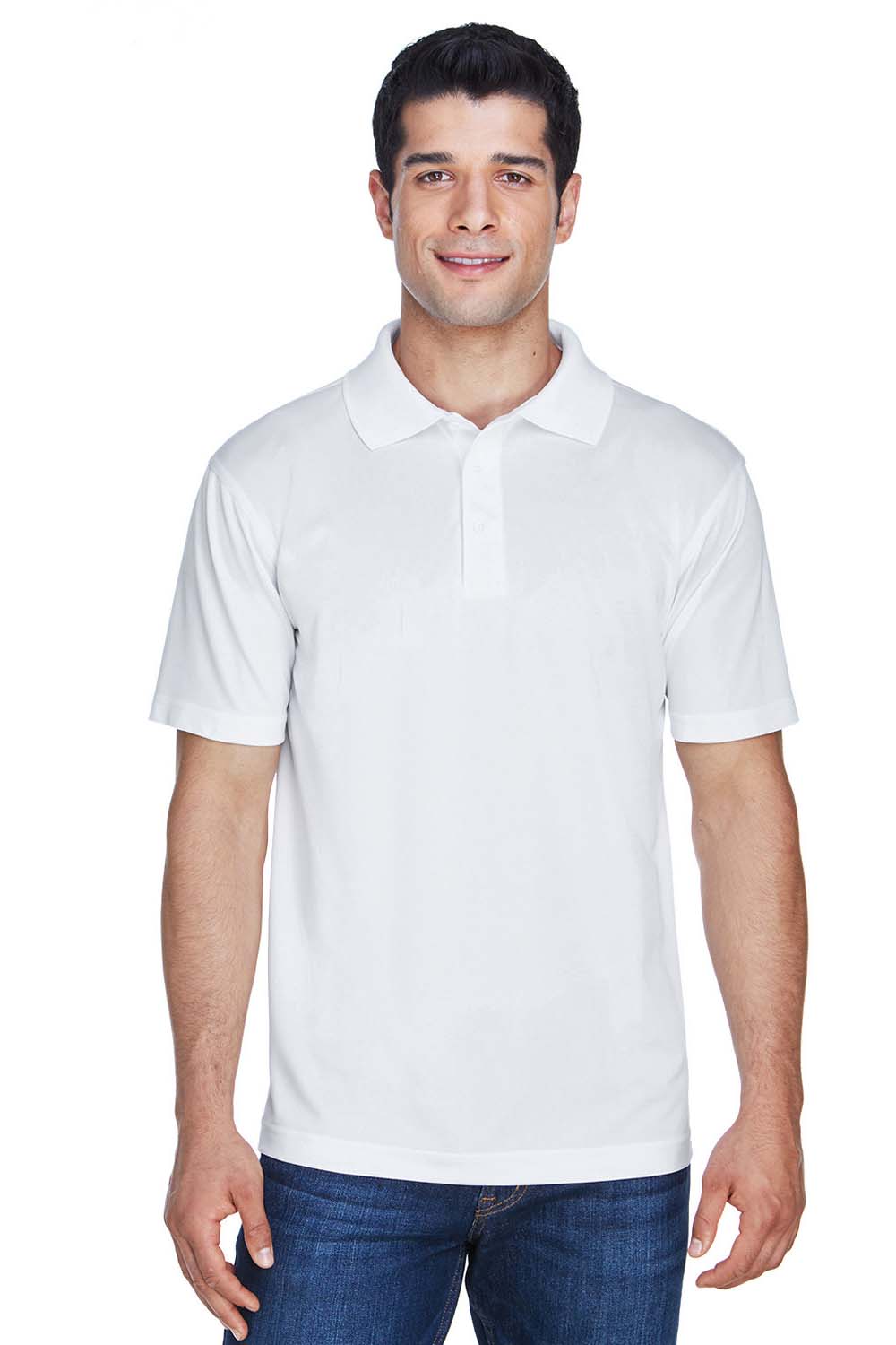 Harriton M315 Mens Polytech Moisture Wicking Short Sleeve Polo Shirt White Model Front