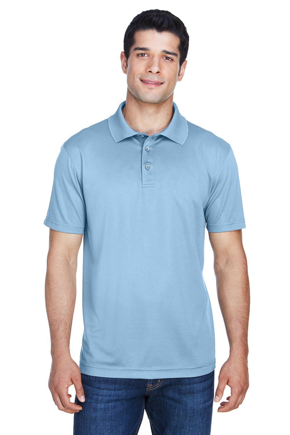 Harriton M315 Mens Polytech Moisture Wicking Short Sleeve Polo Shirt Light Blue Model Front