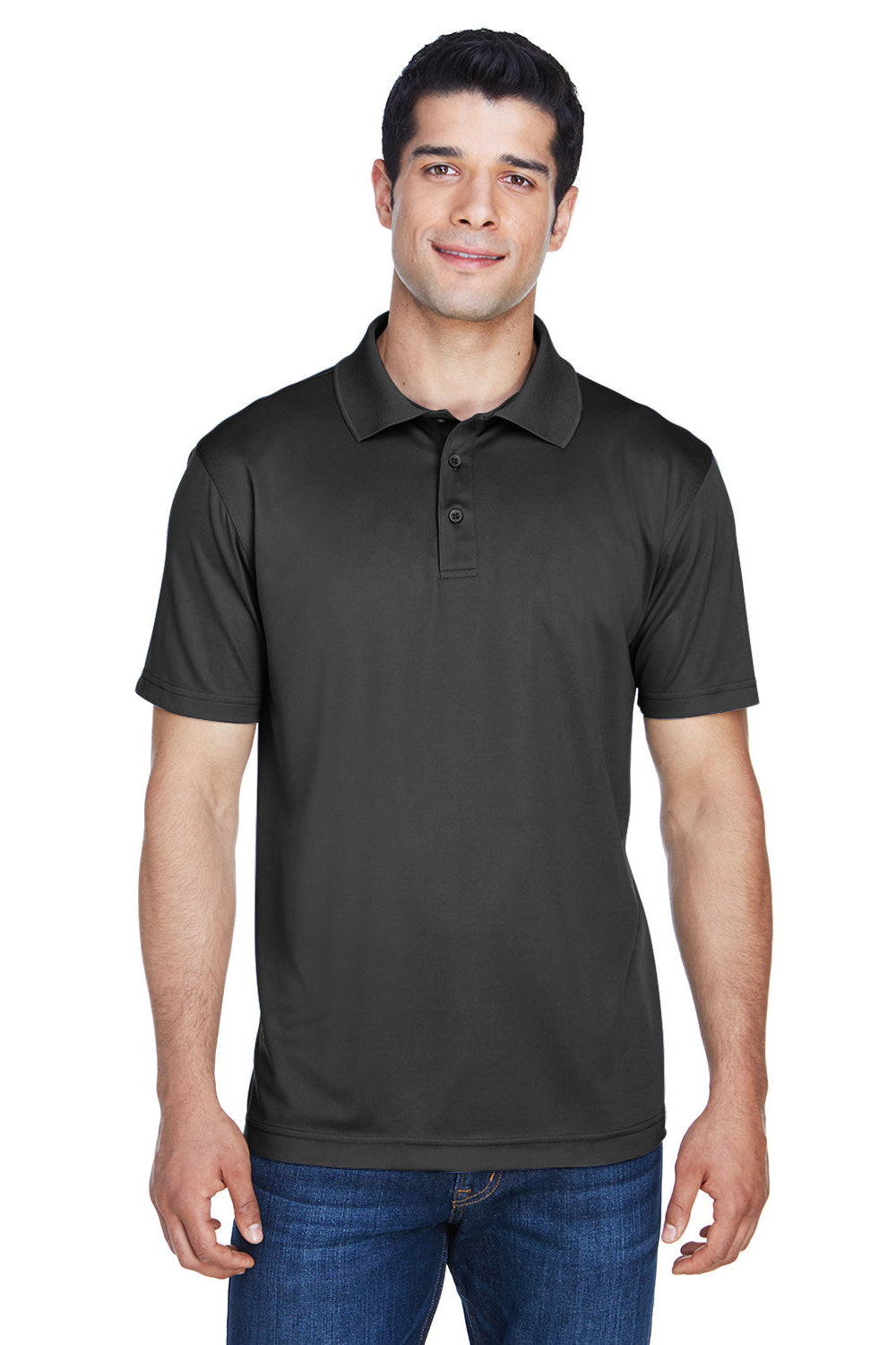 Harriton M315 Mens Polytech Moisture Wicking Short Sleeve Polo Shirt Black Model Front