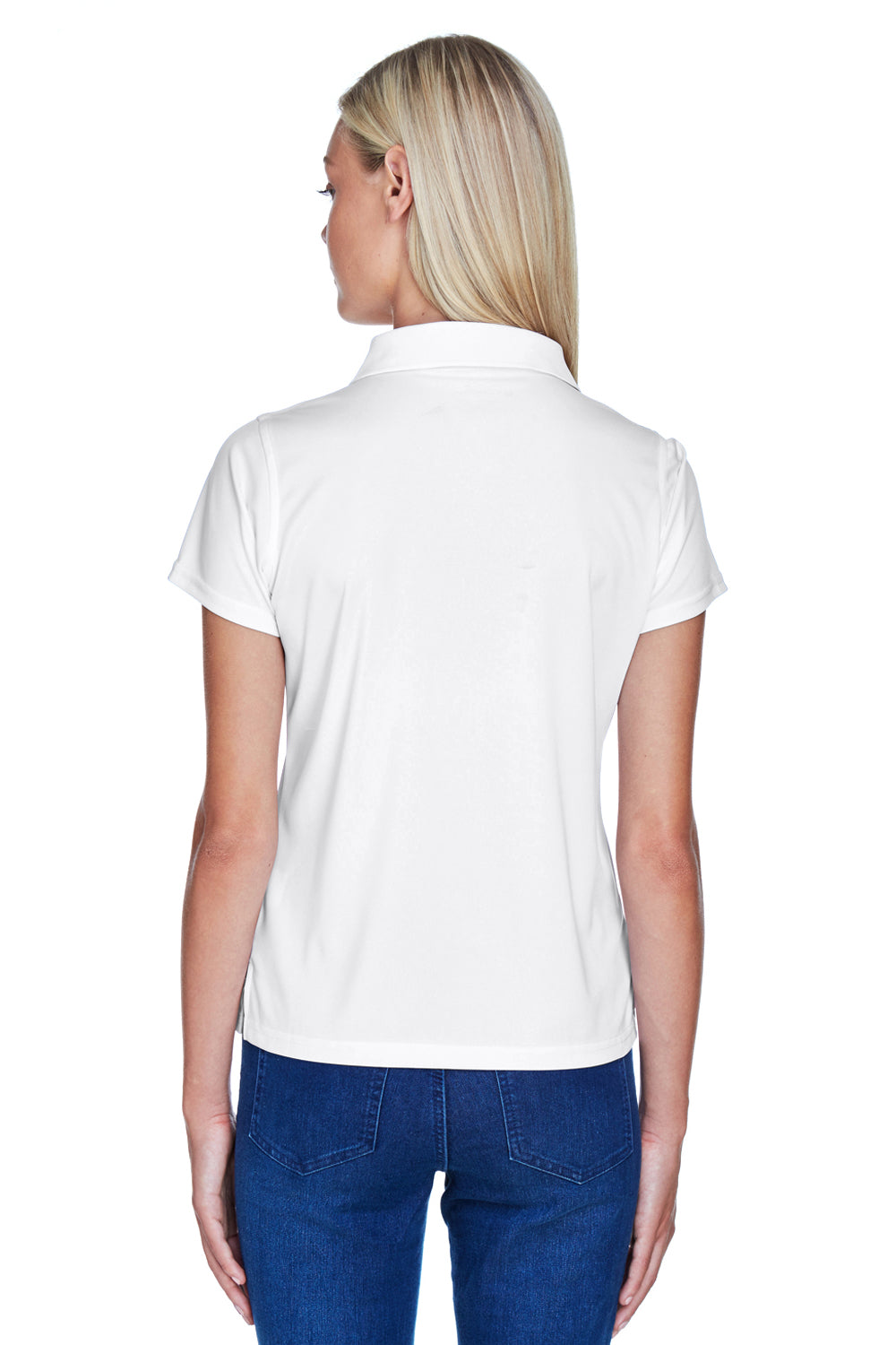 Harriton M315W Womens Polytech Moisture Wicking Short Sleeve Polo Shirt White Model Back