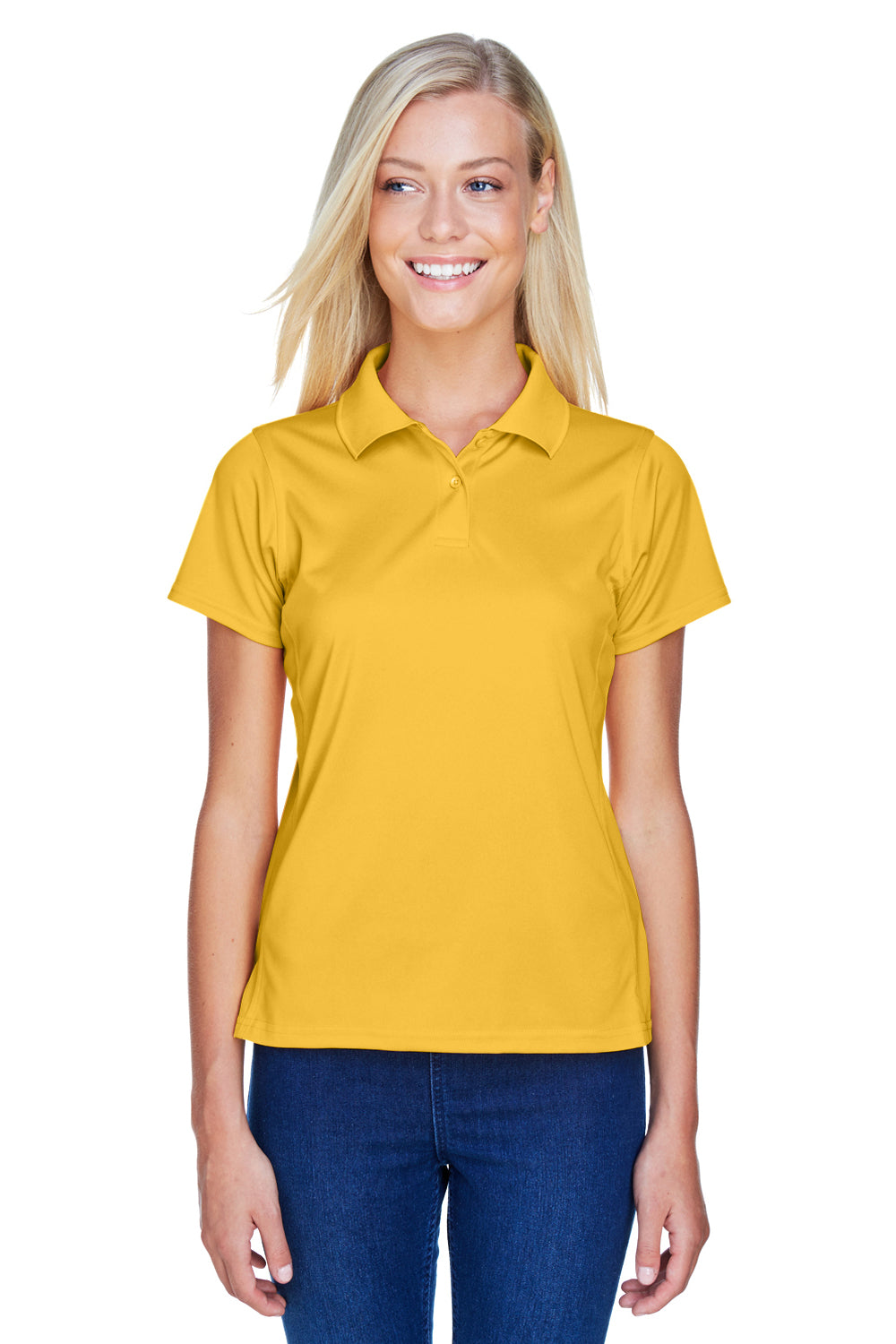 Harriton M315W Womens Polytech Moisture Wicking Short Sleeve Polo Shirt Gold Model Front