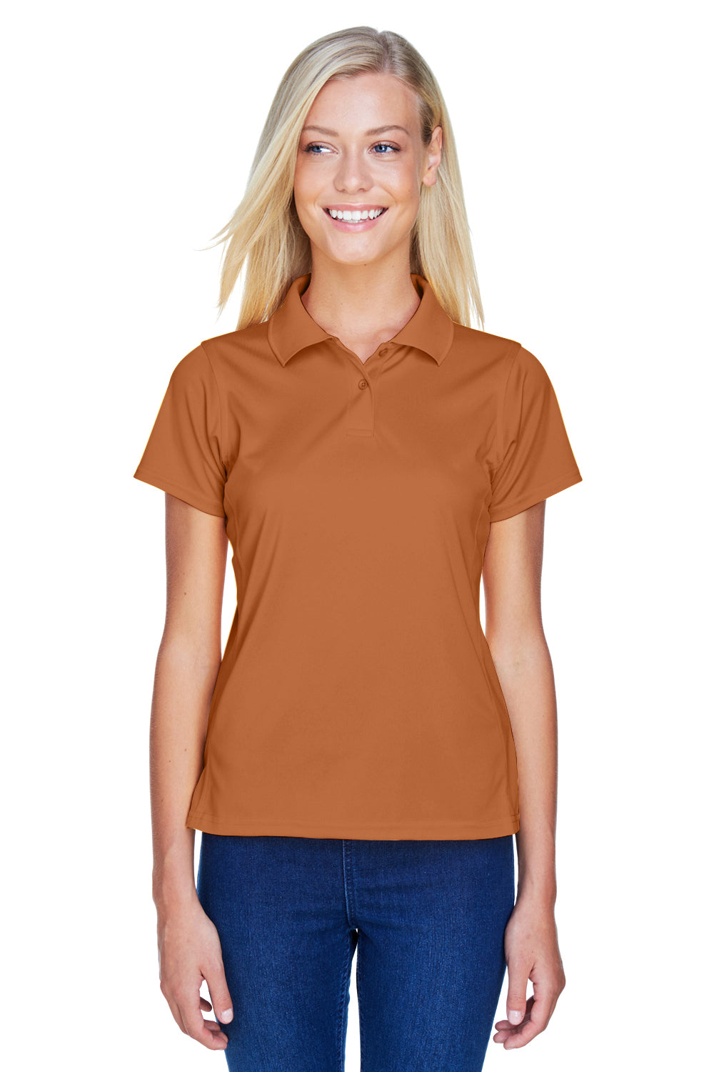 Harriton M315W Womens Polytech Moisture Wicking Short Sleeve Polo Shirt Texas Orange Model Front