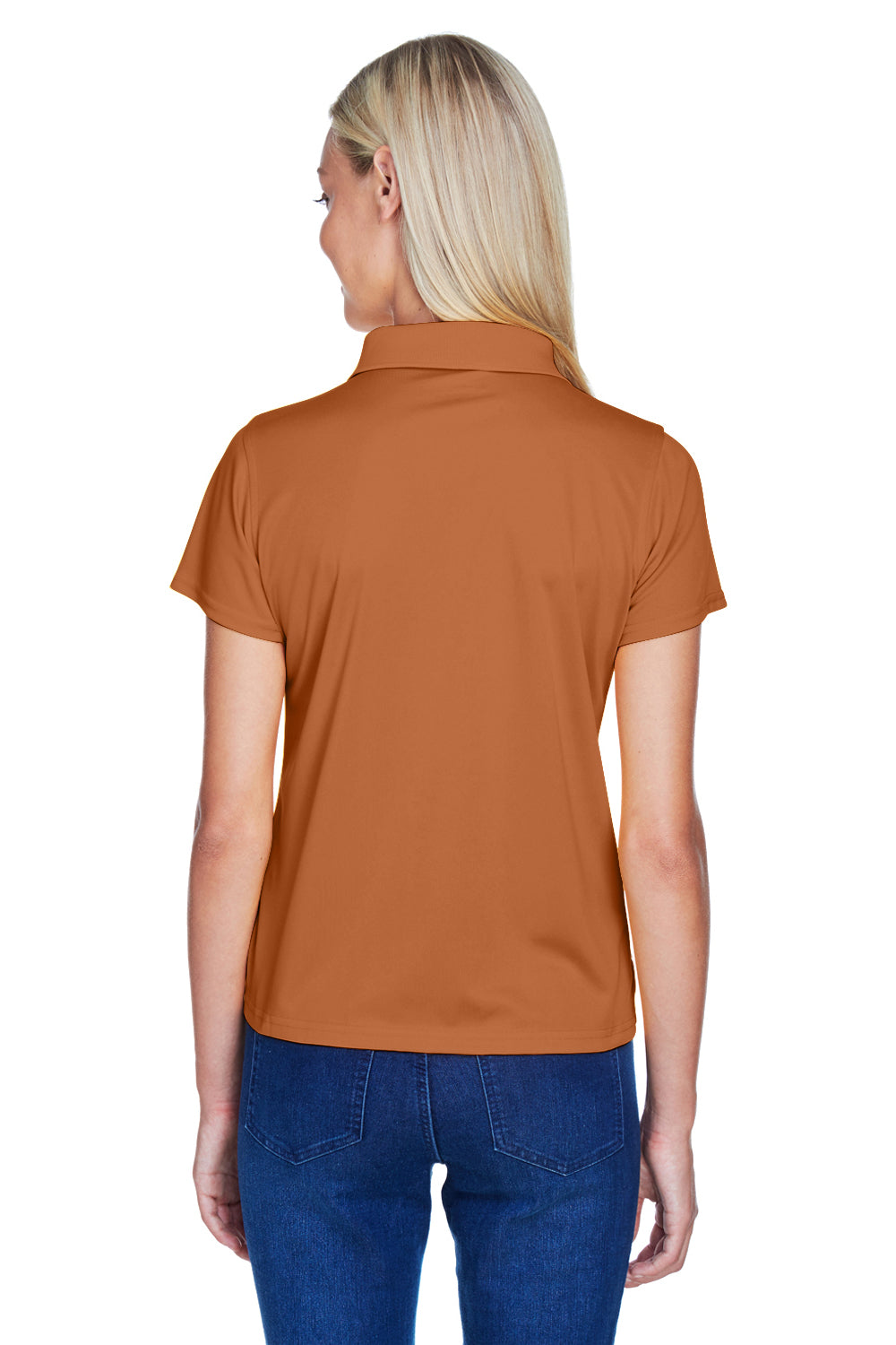 Harriton M315W Womens Polytech Moisture Wicking Short Sleeve Polo Shirt Texas Orange Model Back