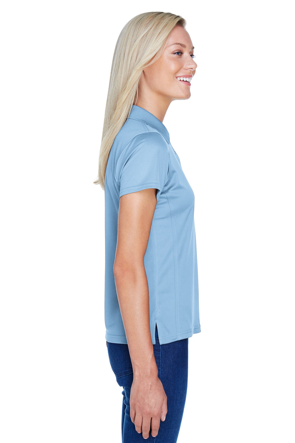 Harriton M315W Womens Polytech Moisture Wicking Short Sleeve Polo Shirt Light Blue Model Side